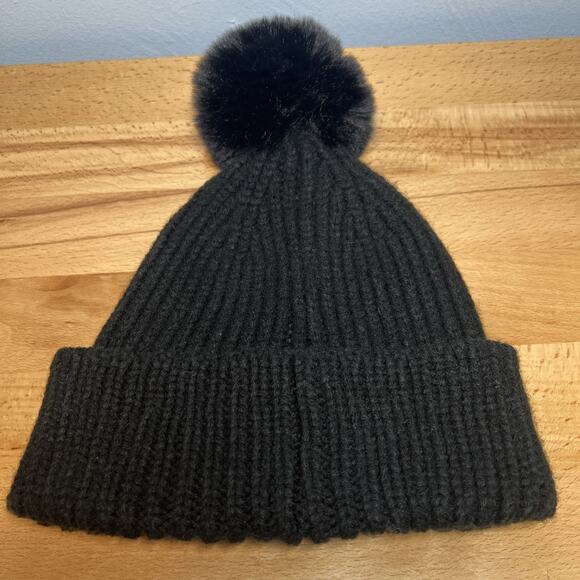 KARL LAGERFELD Womens Knit Beanie Hat Rhinestone Cat Logo Black Pom Pom Winter - Picture 3 of 10